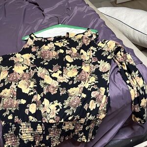 Torrid Floral Blouse with Navy blue and Yellow, and light mauve